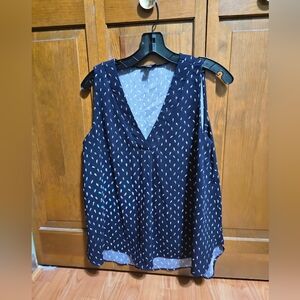 Ann Taylor Navy V-Neck Tank Top with White Dots